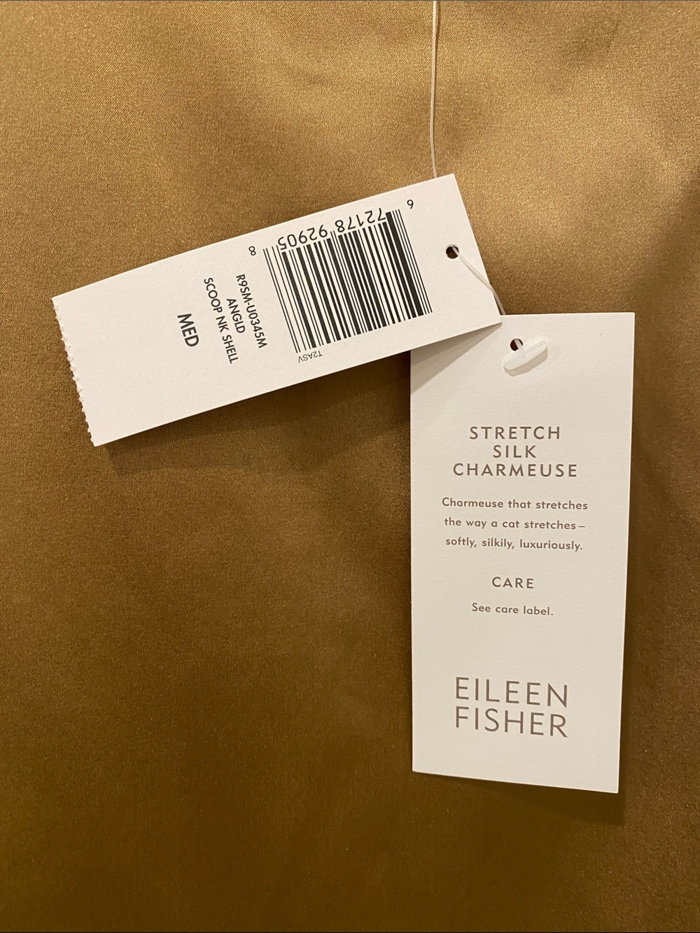 NWT Eileen Fisher Stretch Silk Charmeuse Scoop Neck Shell Bronze Gold Medium - Picture 4 of 4